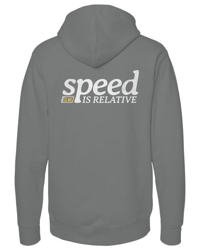 Gray hoodie with 'speed is relative' text on the back against a white background