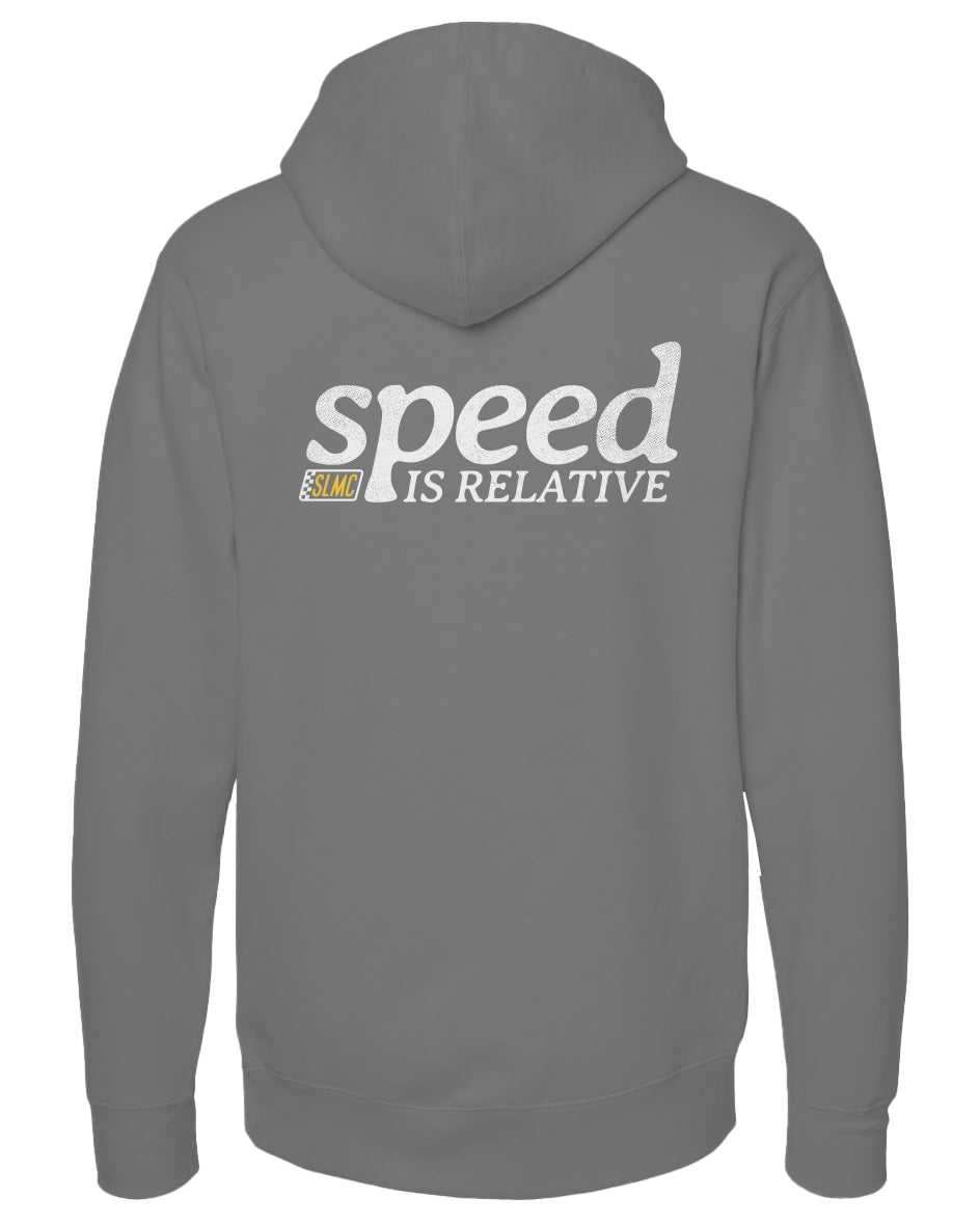 Gray hoodie with 'speed is relative' text on the back against a white background