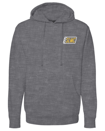 Gray hoodie with a logo on the chest against a white background