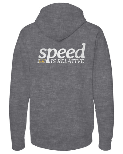 Gray hoodie with 'speed is relative' text on the back against a white background