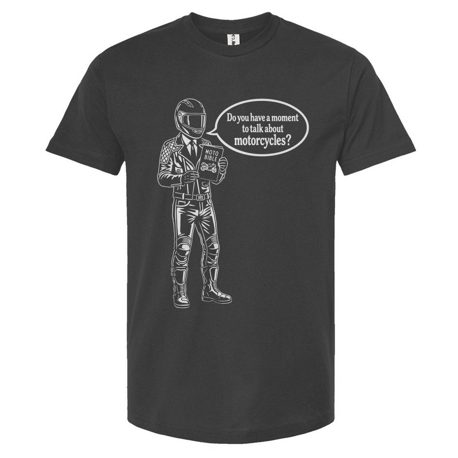 Gray t-shirt with a graphic of a person in a helmet and text on a white background