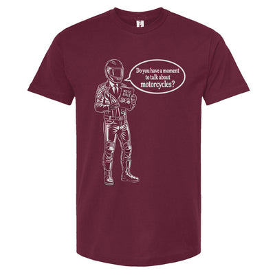 Burgundy t-shirt with a graphic of a person in a helmet and text on a white background