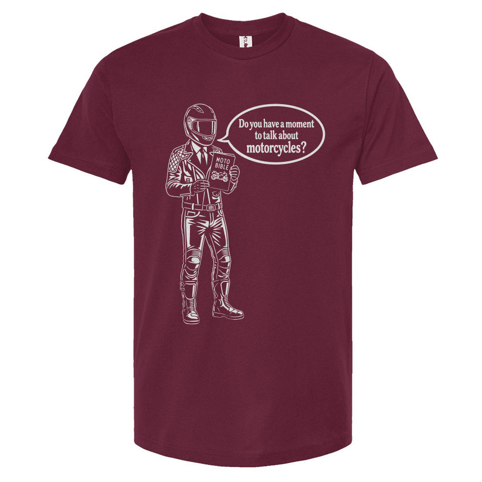 Burgundy t-shirt with a graphic of a person in a helmet and text on a white background
