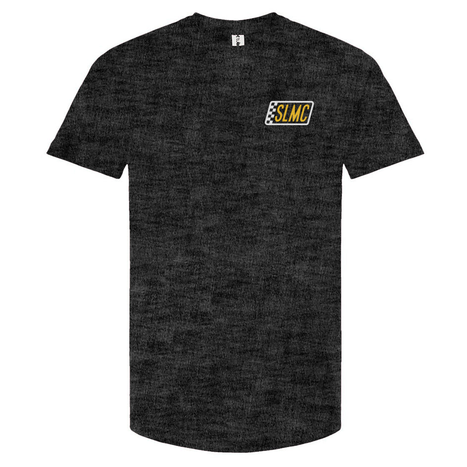 Charcoal heather t-shirt with a logo on the chest against a white background