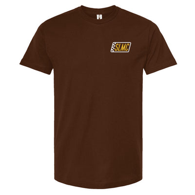 Brown t-shirt with a small logo on the chest against a white background