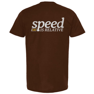 Brown t-shirt with 'speed is relative' text on a white background