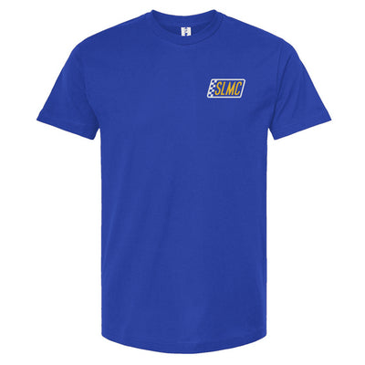 Blue t-shirt with a logo on the chest against a white background