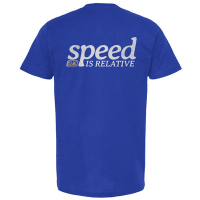 Blue t-shirt with 'speed is relative' text on a white background