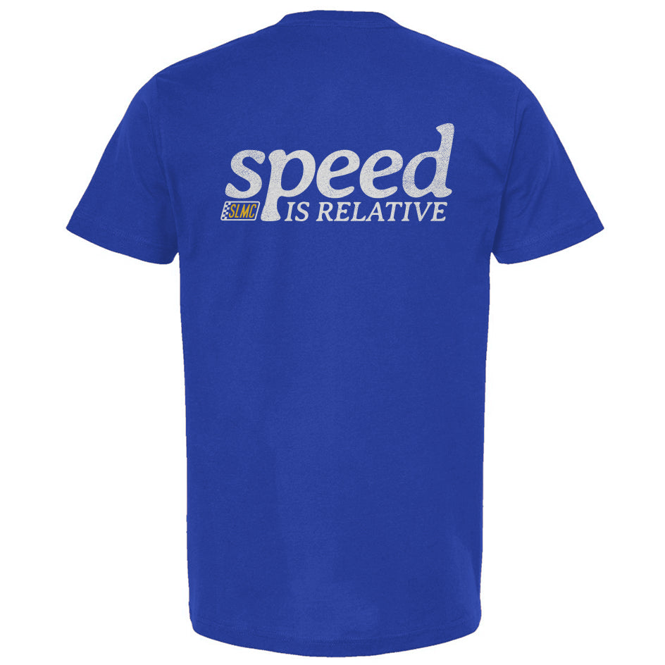 Blue t-shirt with 'speed is relative' text on a white background
