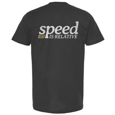 Gray t-shirt with 'speed is relative' text on a white background