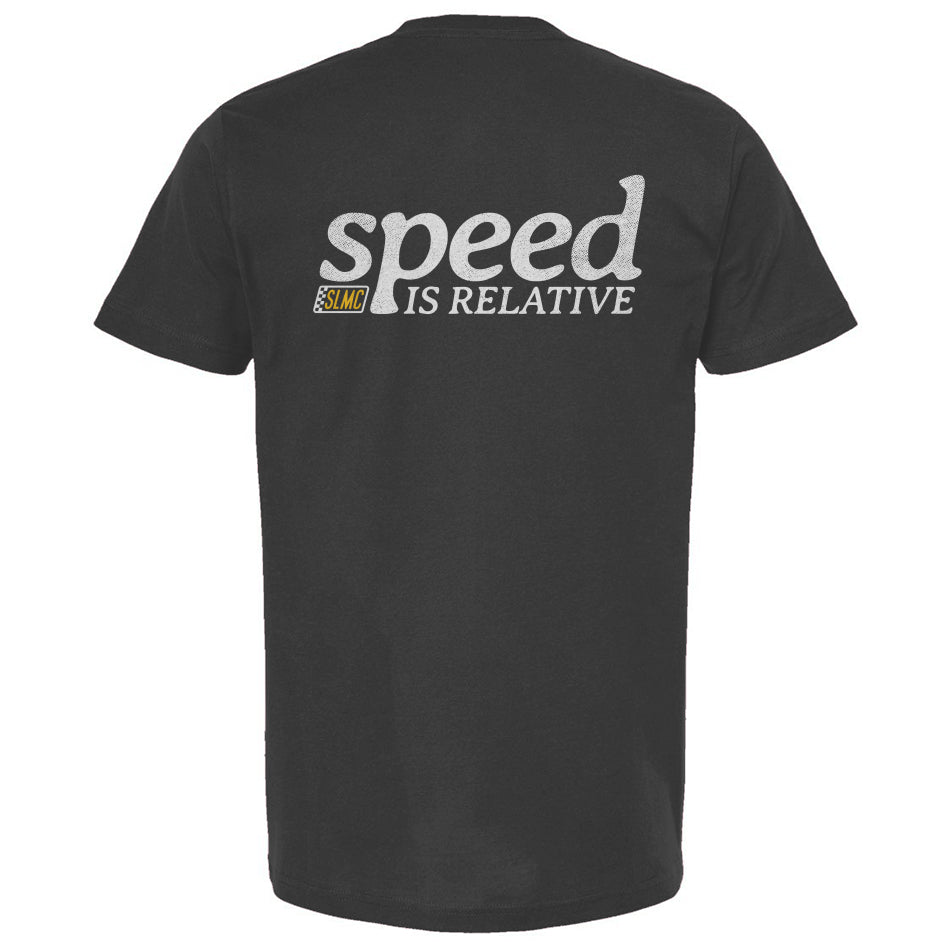 Gray t-shirt with 'speed is relative' text on a white background