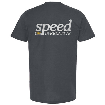 Indigo t-shirt with 'speed is relative' text on the back against a white background
