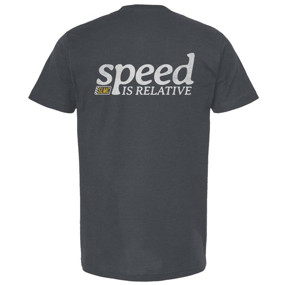 Indigo t-shirt with 'speed is relative' text on the back against a white background