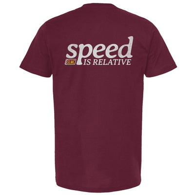 Burgundy t-shirt with 'speed is relative' text on a white background