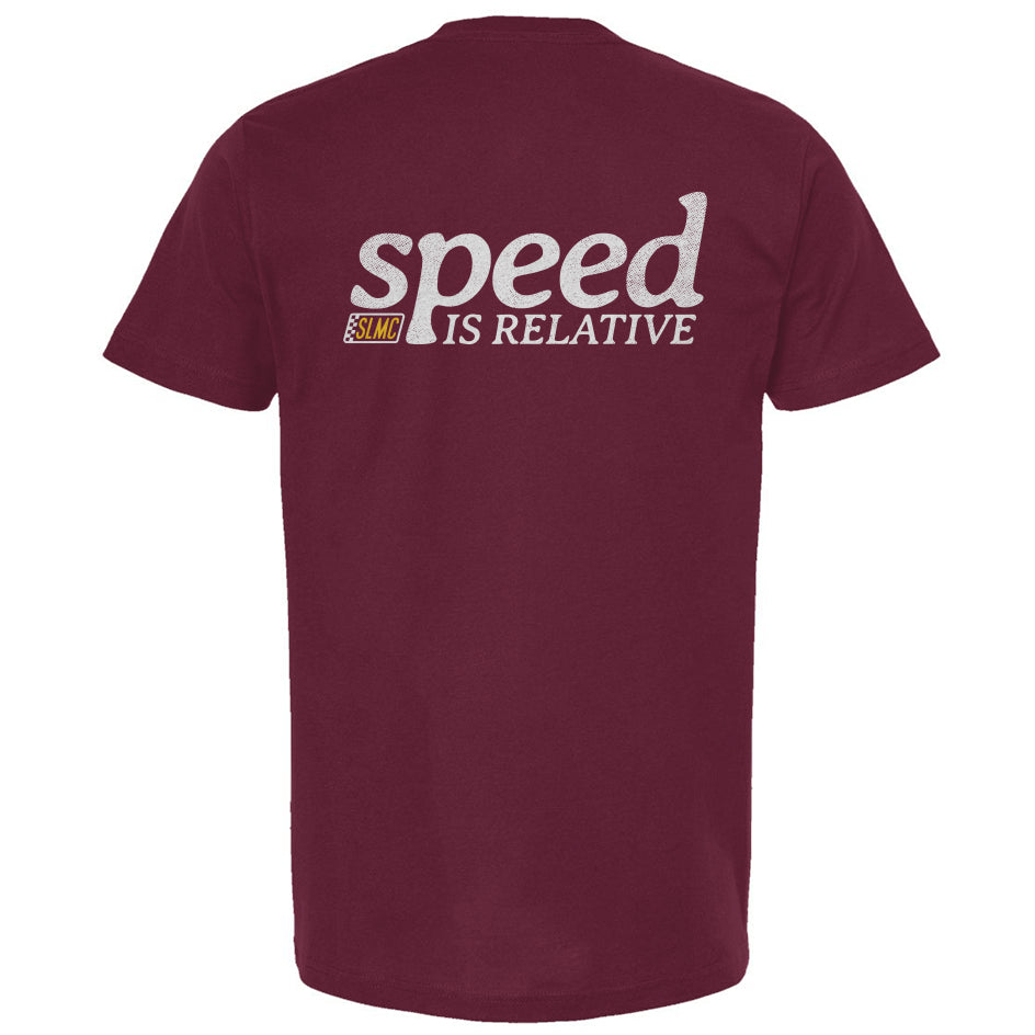 Burgundy t-shirt with 'speed is relative' text on a white background