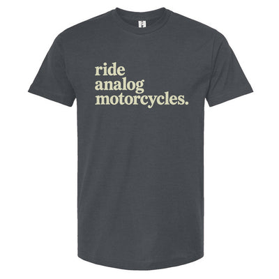Indigo t-shirt with cream text 'ride analog motorcycles' on a white background