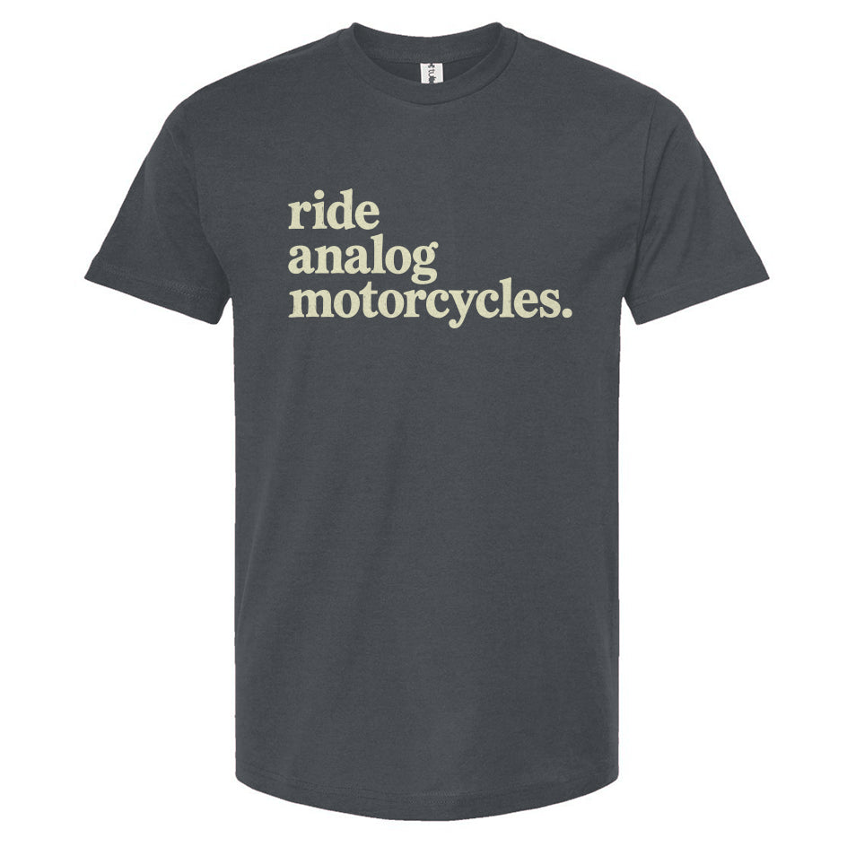 Indigo t-shirt with cream text 'ride analog motorcycles' on a white background