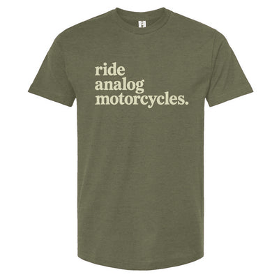 Green t-shirt with 'ride analog motorcycles' text on a white background