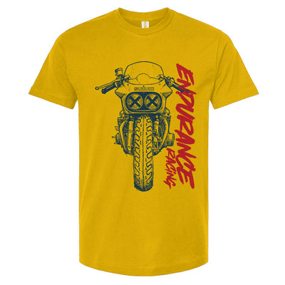 Gold t-shirt with Suzuki endurance motorcycle graphic and text on a white background