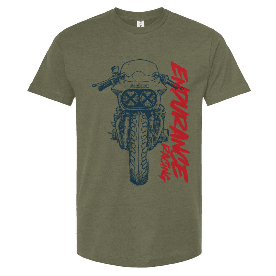 Olive green t-shirt with a graphic of a Suzuki endurance motorcycle and text on a white background
