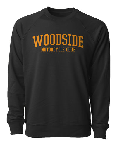 Woodside Motorcycle Club Crewneck Sweatshirt with orange text on chest