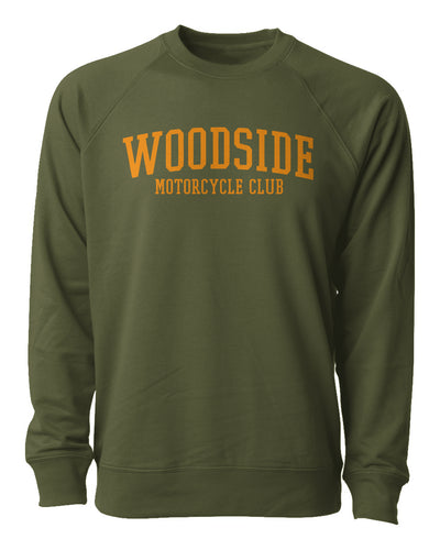 Woodside Motorcycle Club Crewneck Sweatshirt with orange text on chest