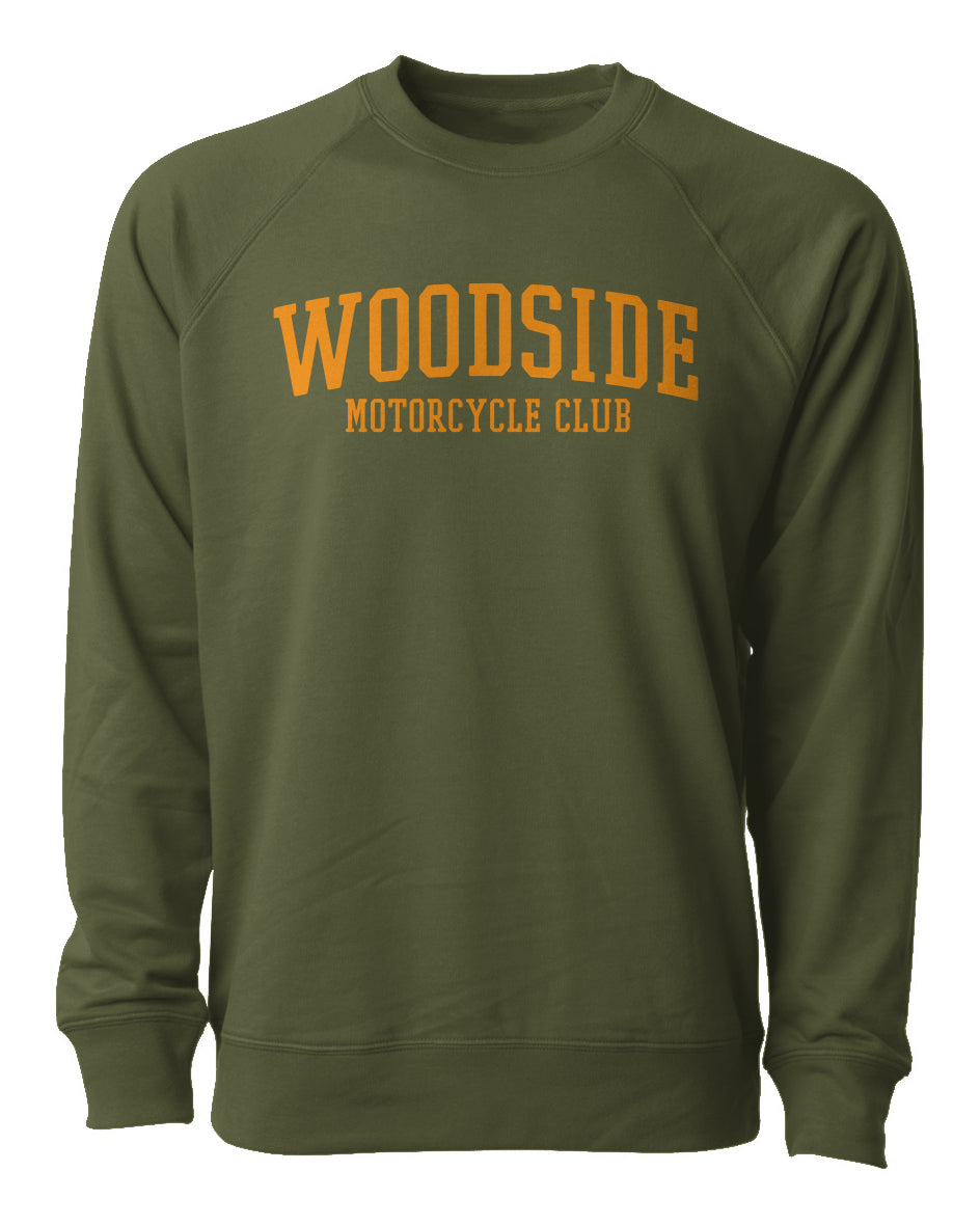 Woodside Motorcycle Club Crewneck Sweatshirt with orange text on chest