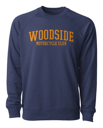 Woodside Motorcycle Club Crewneck Sweatshirt with orange text on chest