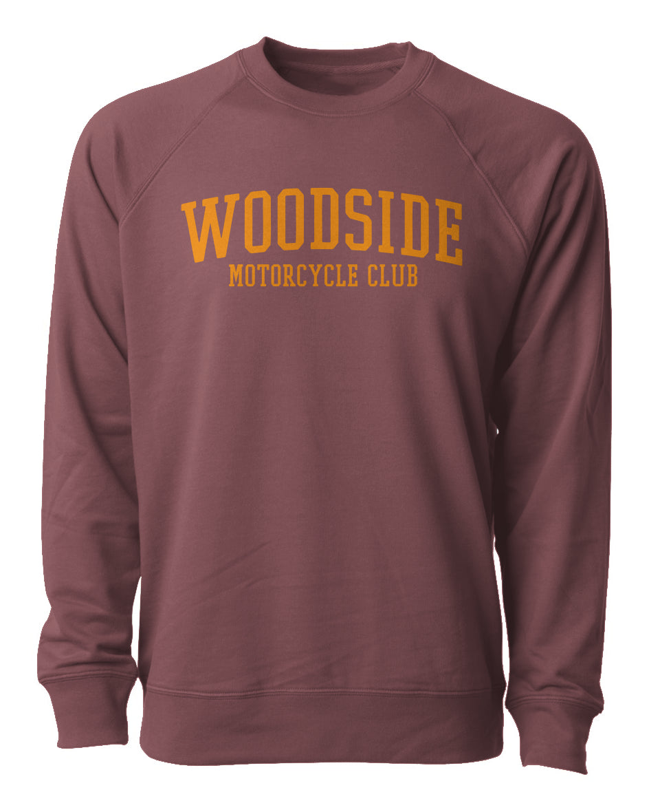 Woodside Motorcycle Club Crewneck Sweatshirt with orange text on chest