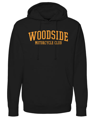 Woodside Motorcycle Club Hoodie with orange text on chest