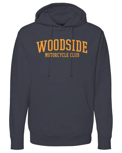 Woodside Motorcycle Club Hoodie with orange text on chest