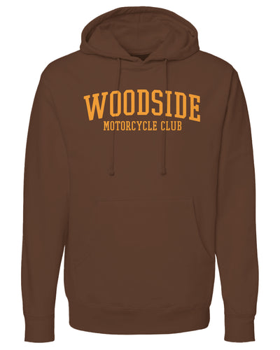 Woodside Motorcycle Club Hoodie with orange text on chest