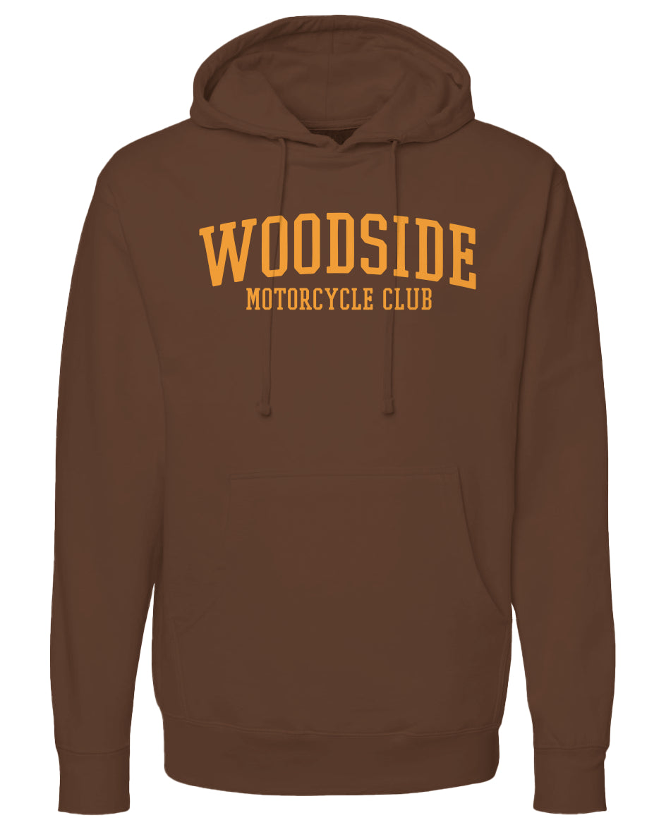 Woodside Motorcycle Club Hoodie with orange text on chest
