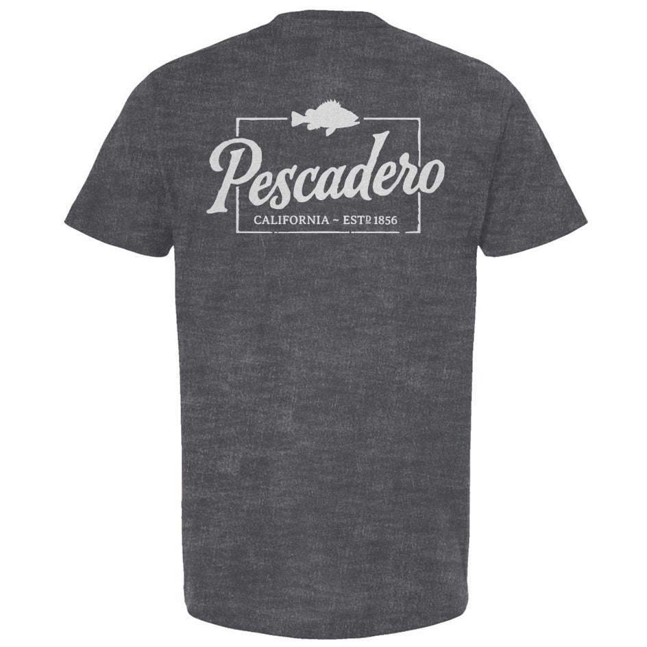 Gray t-shirt with 'Pescadero California' text and logo on a white background