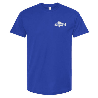 royal blue t-shirt with Pescadero fish silhouette