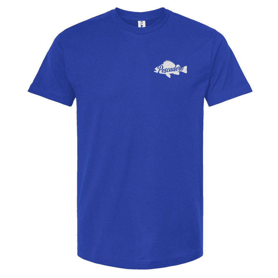 royal blue t-shirt with Pescadero fish silhouette