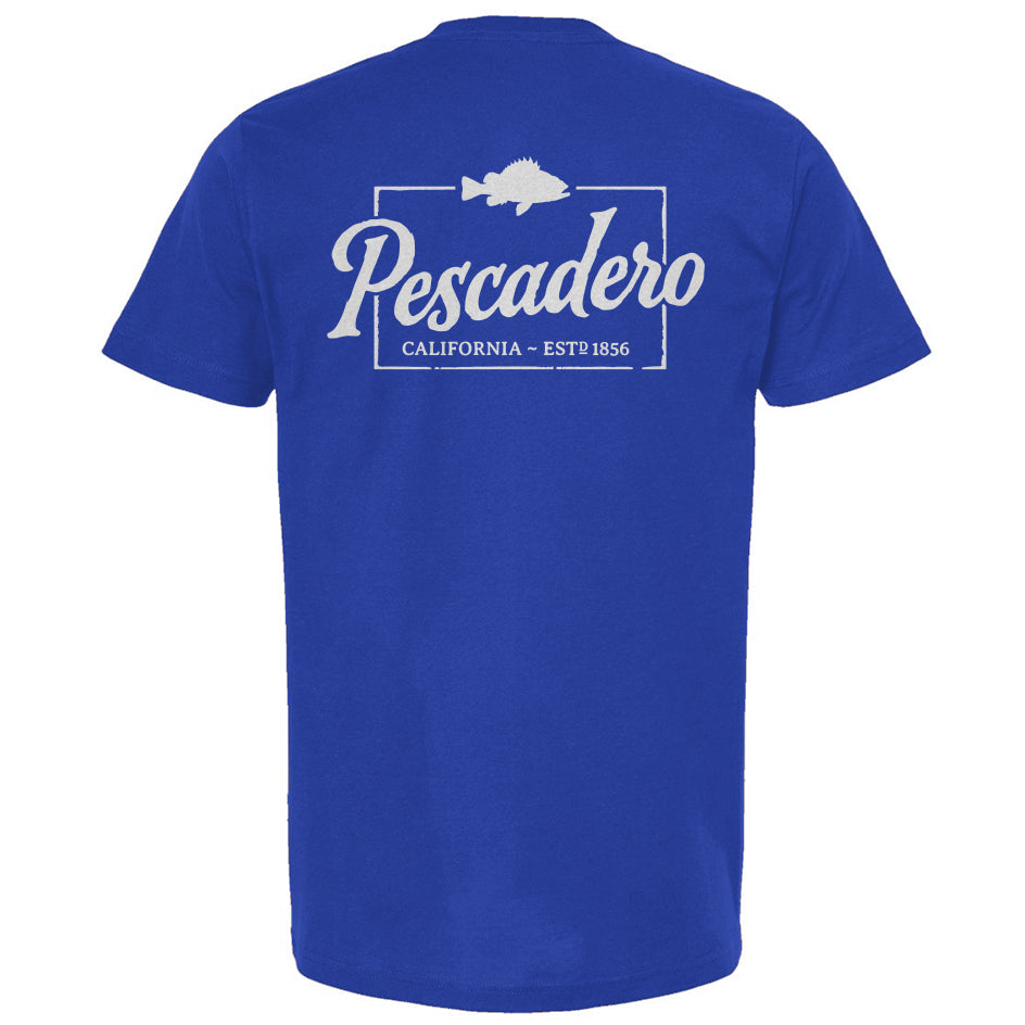Blue t-shirt with 'Pescadero California' text and fish graphic on a white background