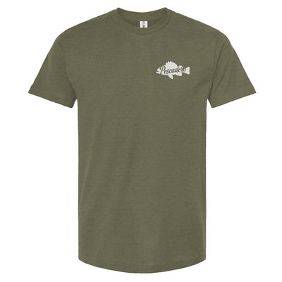 heather green t-shirt with Pescadero fish silhouette