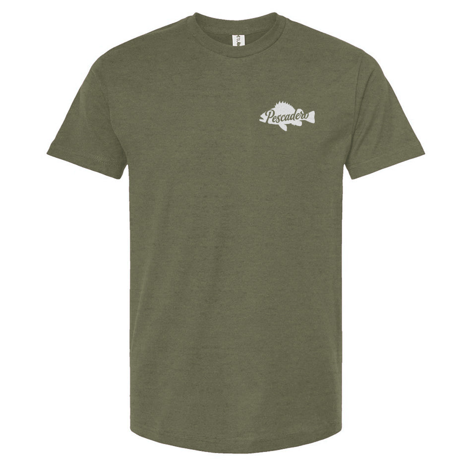 heather green t-shirt with Pescadero fish silhouette