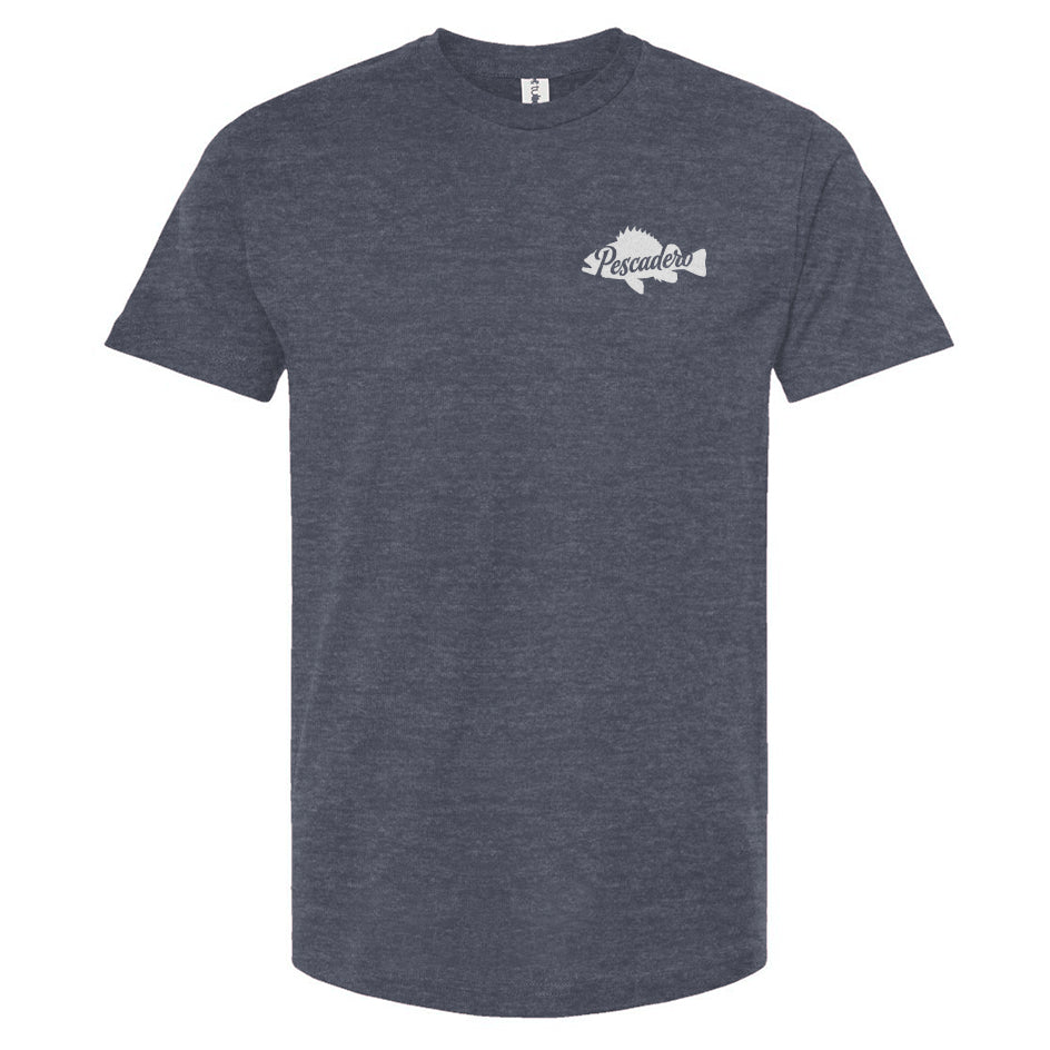 Denim blue t-shirt with a white Pescadero fish logo on a white background