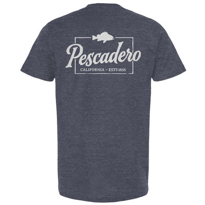 Denim blue t-shirt with 'Pescadero California' text and logo on a white background