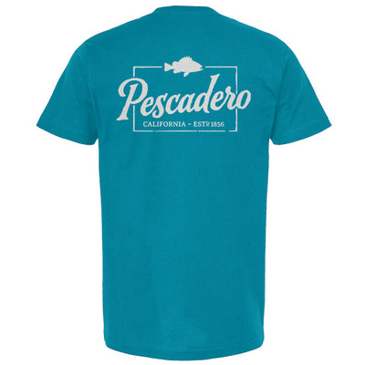 Teal t-shirt with 'Pescadero California' text and fish graphic on a white background