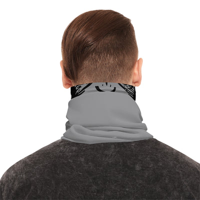 moto monkey design on both sides of grey neck gaiter, motorcycle accessory, neck buff, gifts for riders, gifts for motorcyclists, uv protection