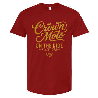 Cardinal red t-shirt with Crown Moto graphic design and text on a white background