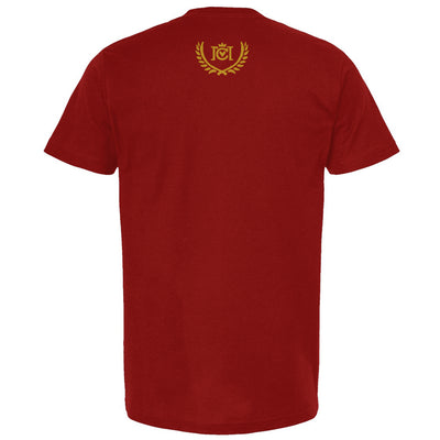 A red short-sleeve t-shirt shown from the back, featuring a small gold emblem printed at the center of the upper back.