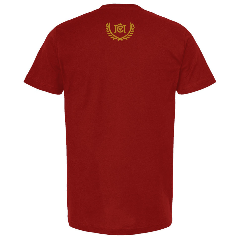 A red short-sleeve t-shirt shown from the back, featuring a small gold emblem printed at the center of the upper back.