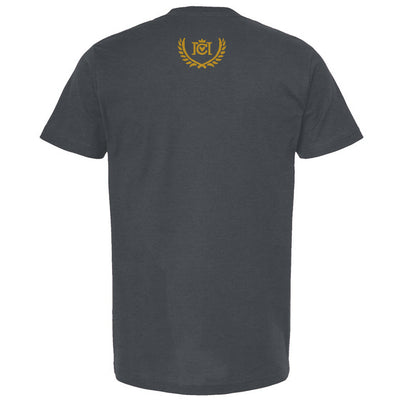 A dark gray crewneck t-shirt shown from the back, featuring a small gold circular crest logo with trademarked Crown Moto logo in the center
