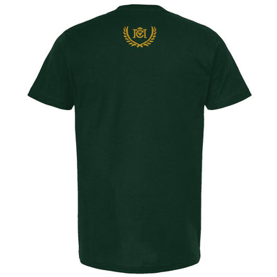 Forest green short-sleeve t-shirt shown from the back, featuring a small gold Crown Moto logo centered on the upper back.