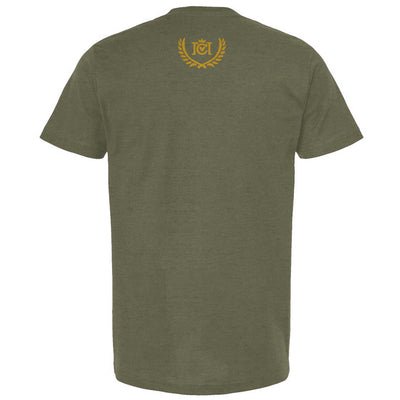 Trademarked Crown Moto logo with winner's circle olive branch design on top of back on military green t-shirt