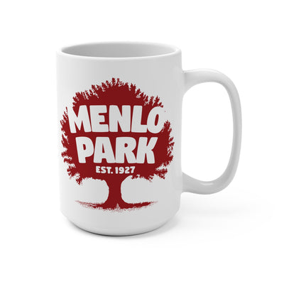 White mug with red and white 'Menlo Park Est. 1927' design on a white background